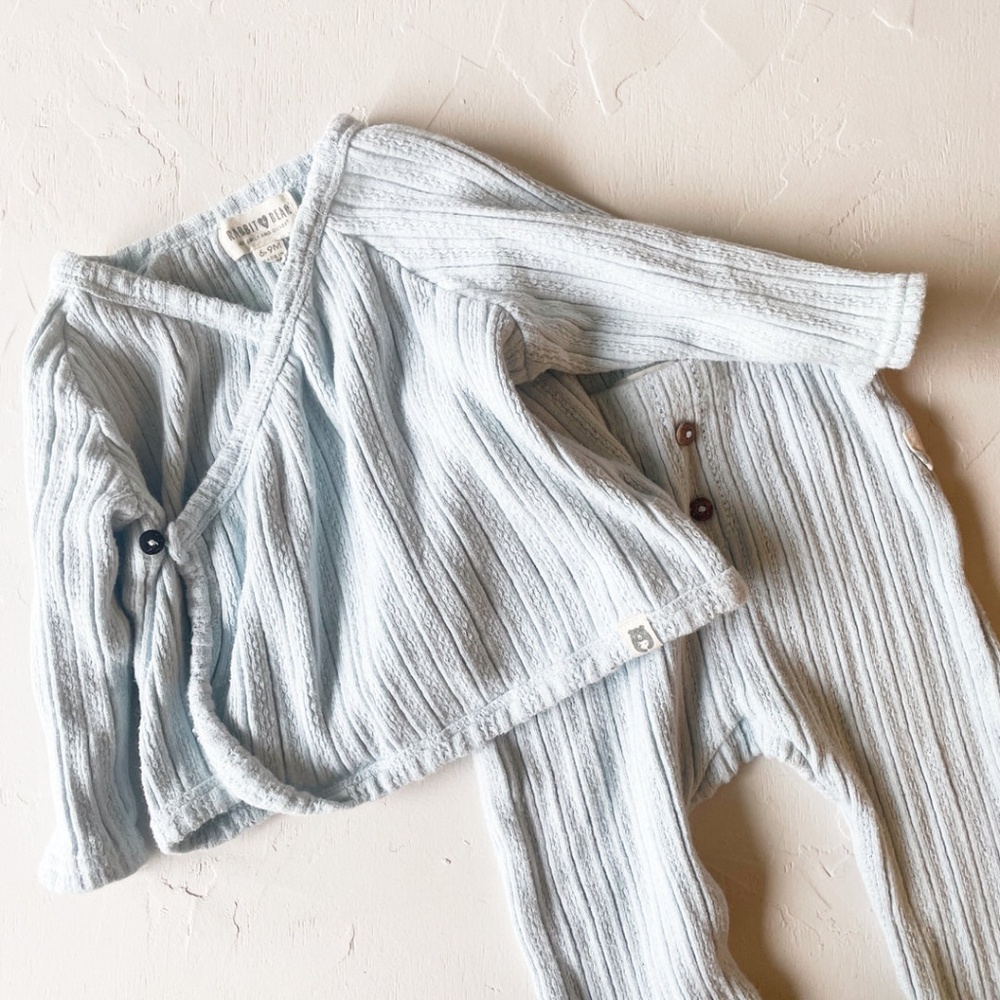 Rabbit + Bear by Emily and Oliver Kimono Style Light Blue Pajama Set 6-9 months